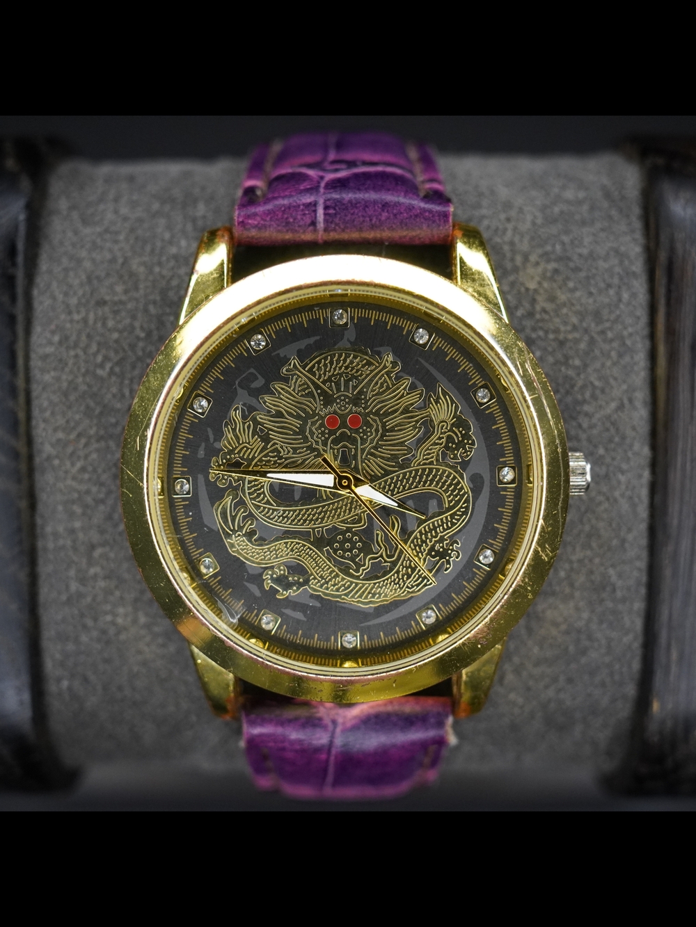 Oruss 1853 Dragon Men's Quartz Watch Gold Tone Black Dial Purple Leather Band